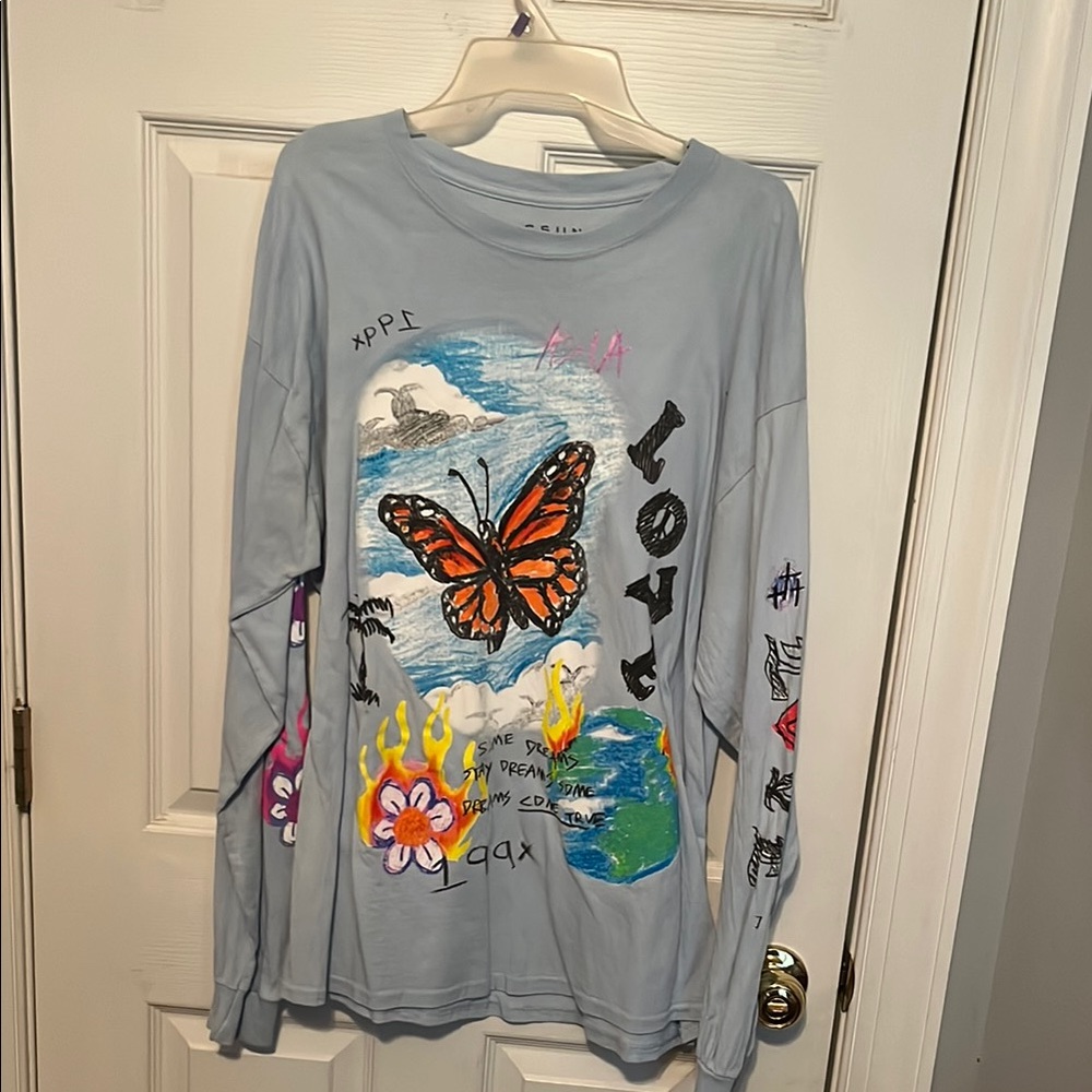 PacSun Blue and Orange Long Sleeve Tee with Nature-Inspired Design